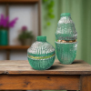 Textured Ribbed Glass Vase Set with Golden Accent