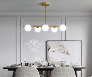 Modern Gold Chandelier with White Glass Globes – 5-Light LED Ceiling Pendant