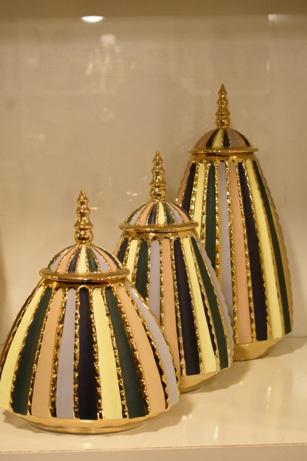 Luxury Multicolor Striped Decorative Jars with Golden Finish
