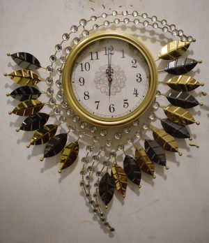 DSC_0691 Black & Gold Leaf Crystal Wall Clock