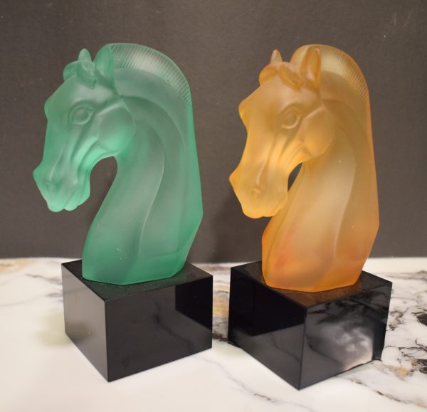 Frosted Glass Horse Head Sculptures on Black Bases-Pair