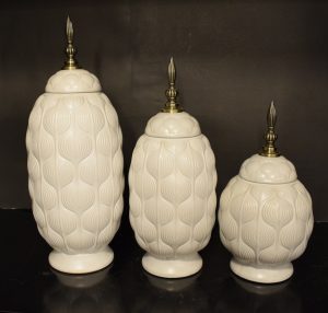 DSC_1063 White Textured Ceramic Jars with Brass Finials