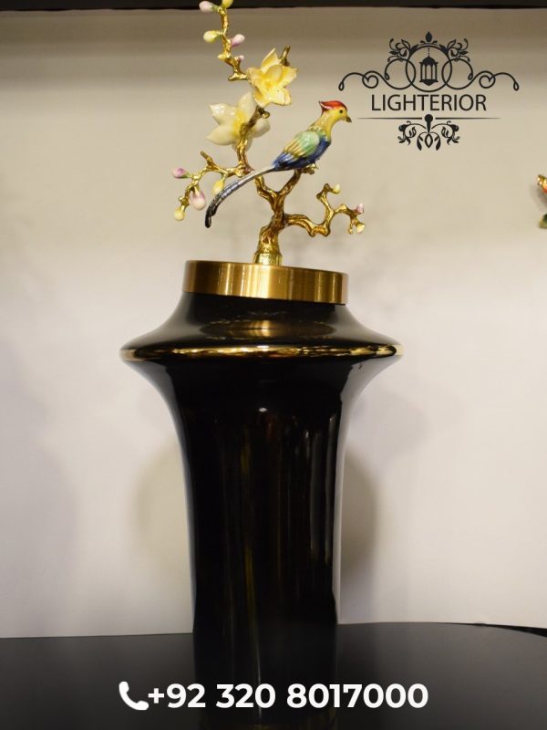 Black Porcelain Vase with Handcrafted Bird & Blossom Sculpture Lid