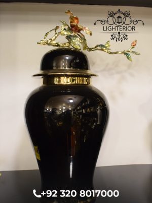 Black Porcelain Jar with Floral Branch Lid in Gold and Enamel Finish